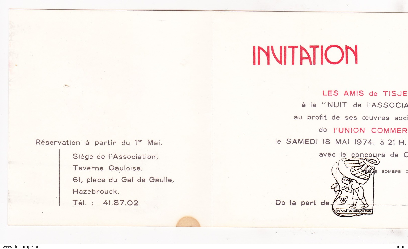 Invitation - Les Amis De Tisje Tasje - Hazebrouck FR Nord 1974 Nuit Ass Philanthropique / Concours Caravelli & Orchestre - Tickets - Vouchers