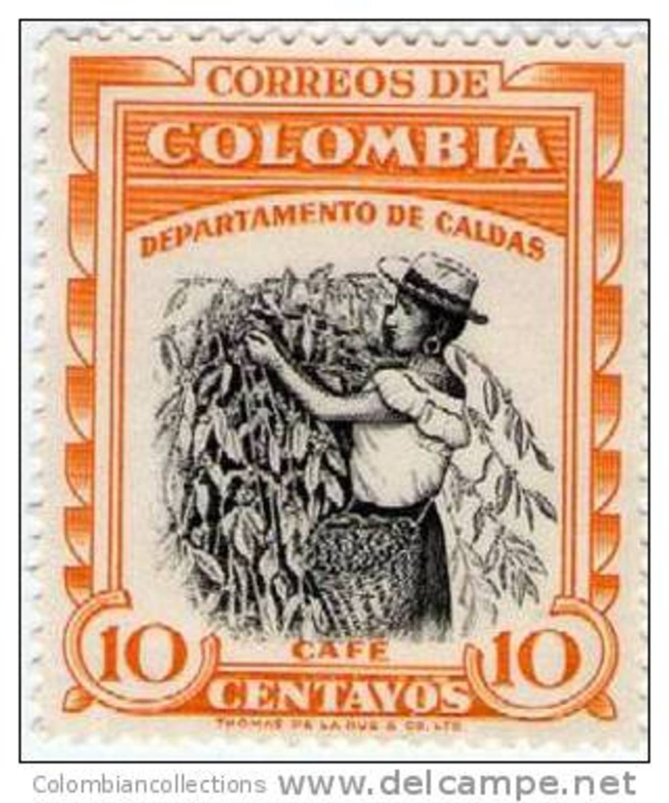 Lote 9k, Colombia, 1956, 10 C, Cafe , Sello Azul,  Coffee Stamp - Colombia