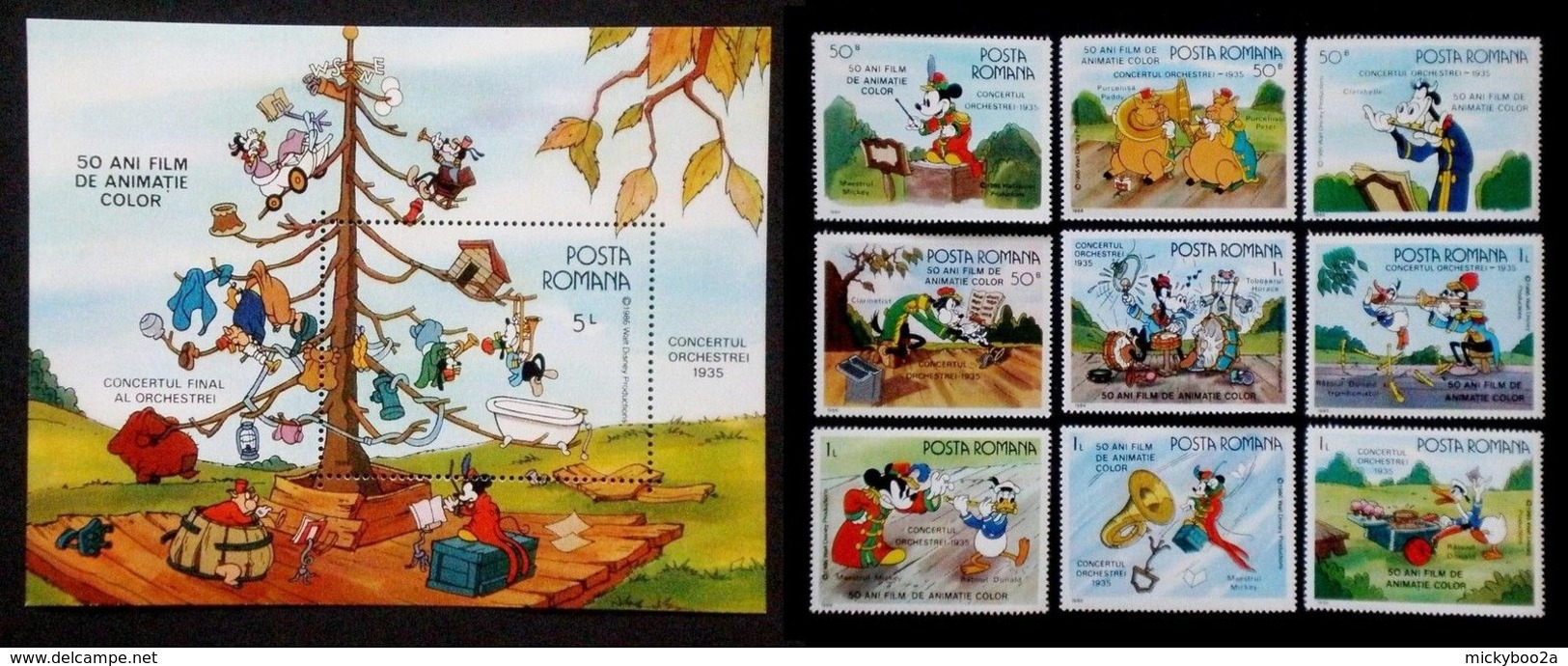 ROMANIA 1986 DISNEY BAND CONCERT GOLF MUSIC PIGS TORNADO COW SET & M/SHEET MNH - Unused Stamps