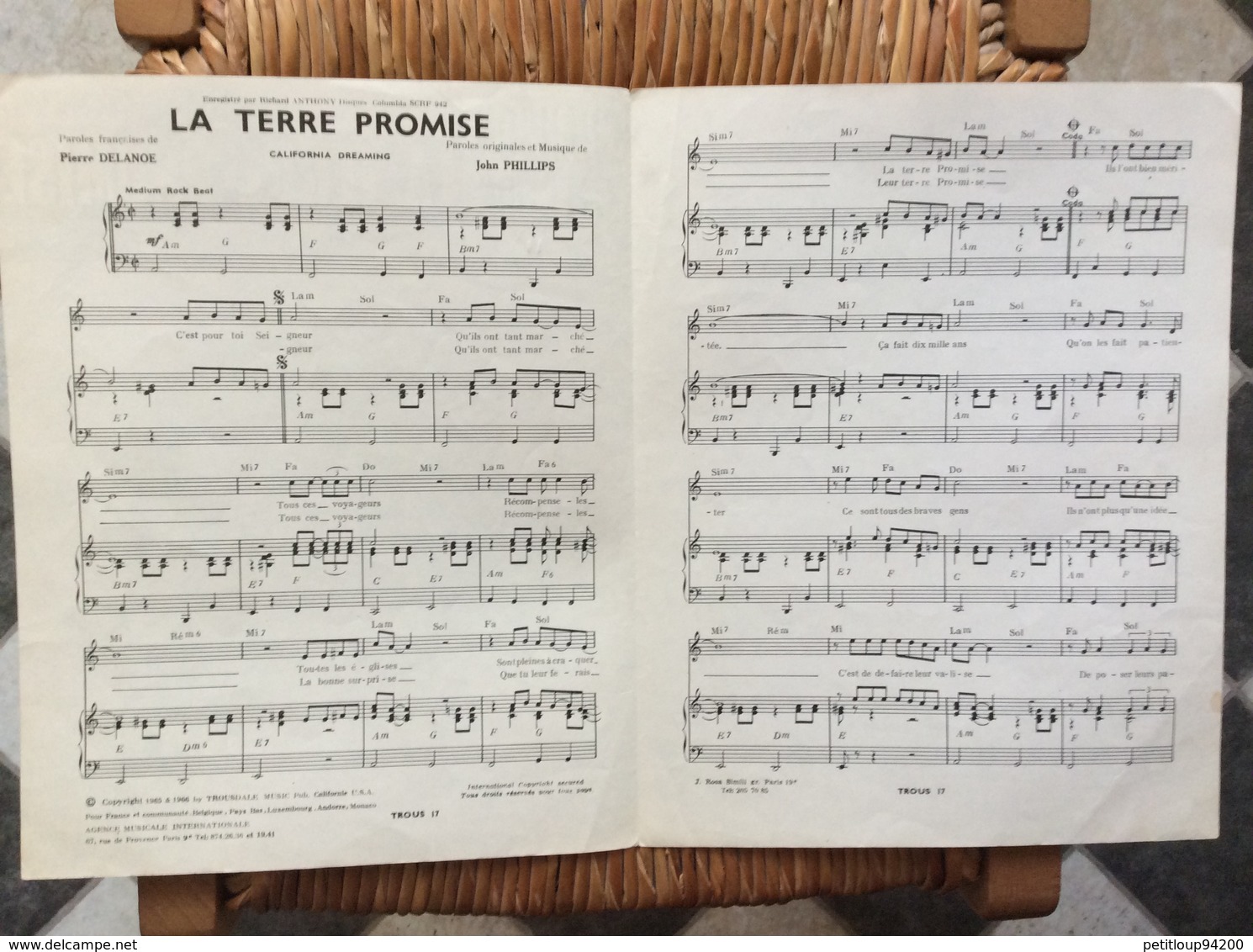 PARTITION MUSICALE *RICHARD ANTHONY  La Terre Promise - Scores & Partitions