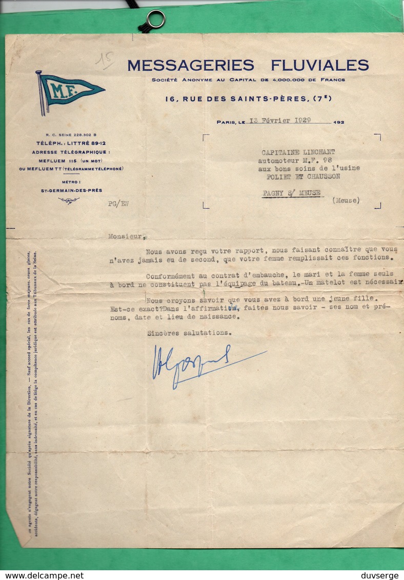 Peniche 1930 Courrier 1929  Des Messageries Fluviales à Mr Linchant Capitaine De La Peniche Automoteur MF - Non Classés