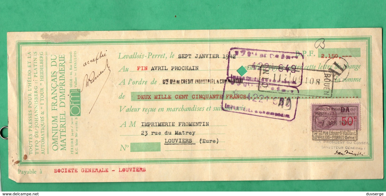 1942 Cheque Lot De 5 Cheques O F M I Levallois Pour Imprimerie Fromentin Louviers Voir 10 Scans Format 28cm X 11,5cm - Chèques & Chèques De Voyage