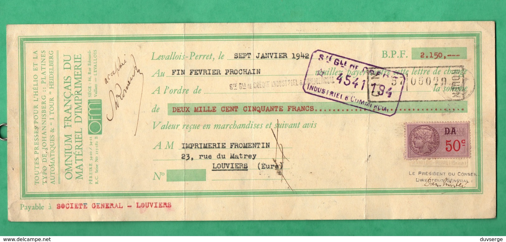 1942 cheque lot de 5 cheques O F M I levallois pour imprimerie fromentin louviers voir 10 scans format 28cm x 11,5cm