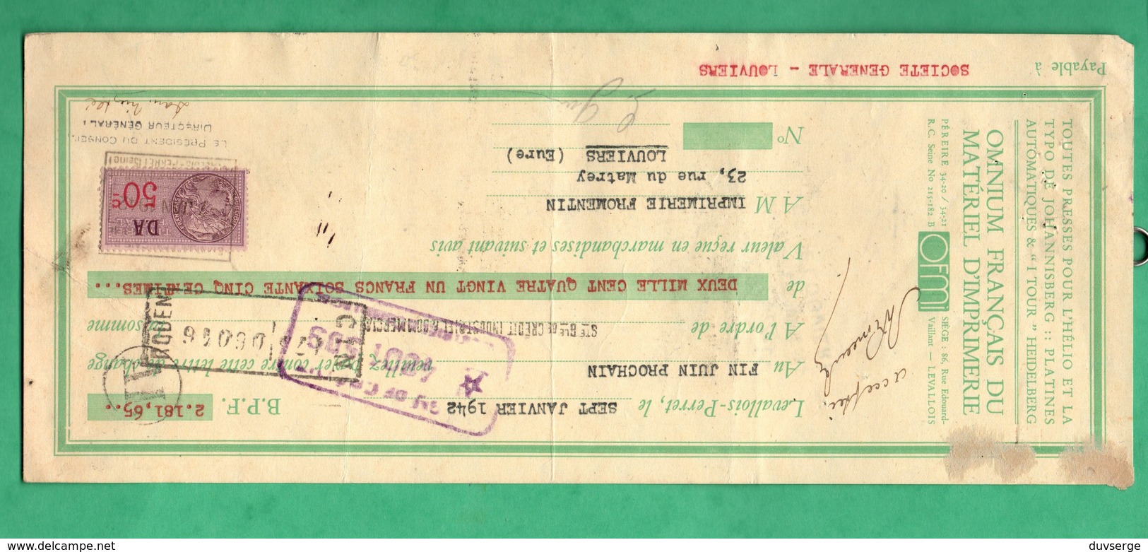1942 cheque lot de 5 cheques O F M I levallois pour imprimerie fromentin louviers voir 10 scans format 28cm x 11,5cm