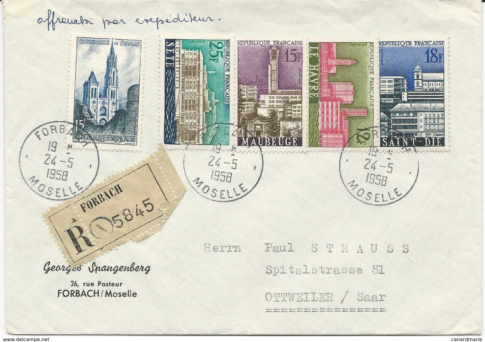 LETTRE RECOMMANDEE POUR LA SARRE 1958 AVEC 5 TIMBRES  ET CACHET  DE FORBACH - MOSELLE - - 1921-1960: Période Moderne