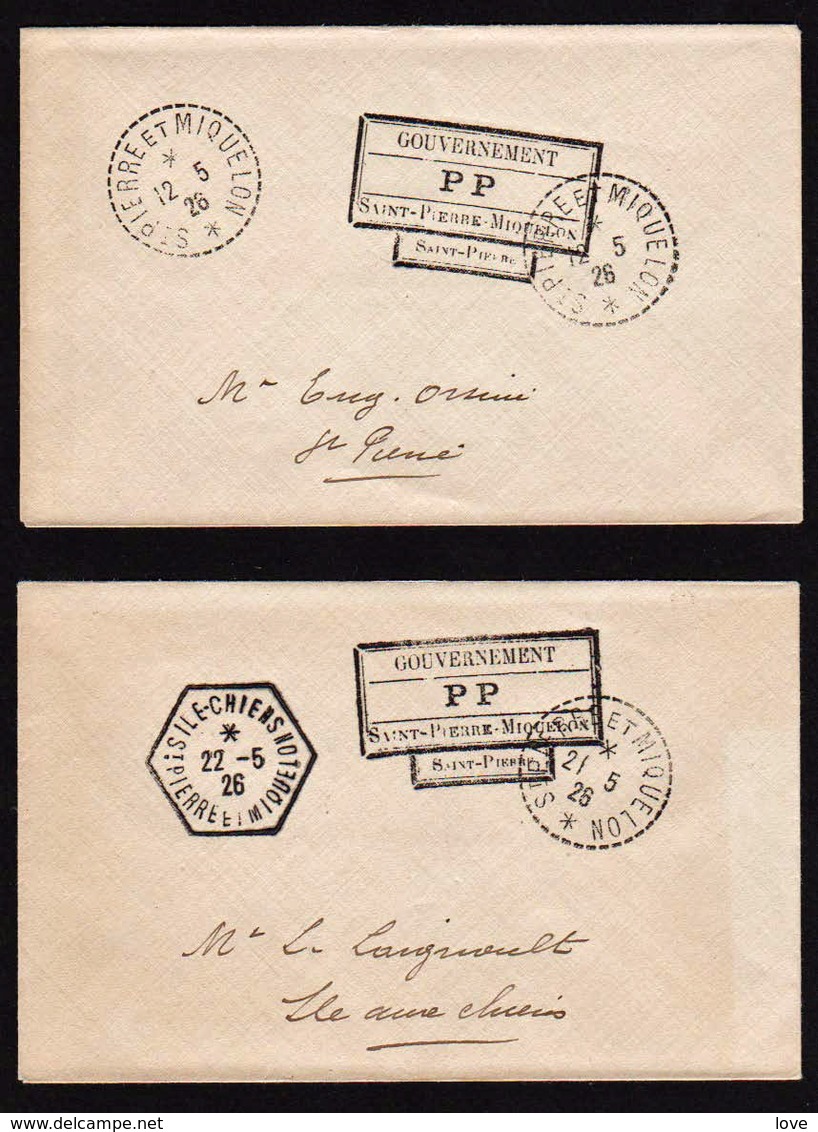 St. PIERRE ET MIQUELON: RARE Lot De 2 Lettres: Cachet: Gouvernement PP (Port Payé) Obl.......... - Lettres & Documents