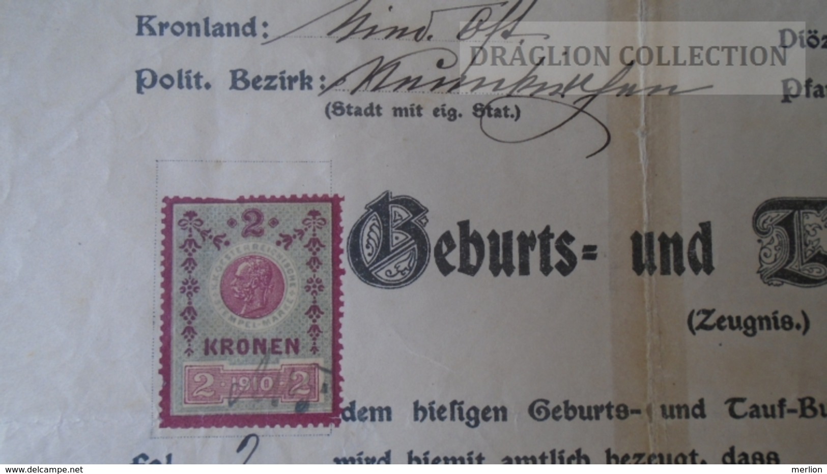 S0505 Austria - Österreich -  Geburst Und Taufschein  GLOGGNITZ  N.Ö.  Von 1919, Mit Stempelmarke  2 Kronen  -Nowotny - Nacimiento & Bautizo