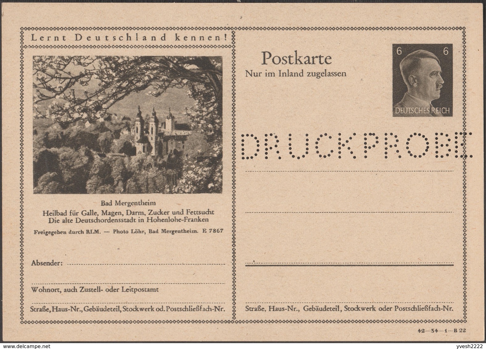 Allemagne 1942. 3 Entiers Postaux Touristiques Perforés Druckmuster, Spécimen. Maladies De L'estomac, Intestin, Diabète - Bäderwesen