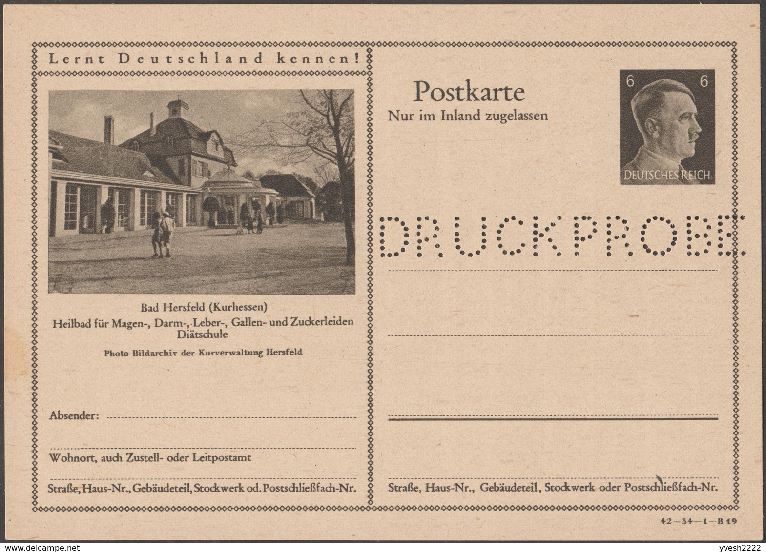 Allemagne 1942. 3 entiers postaux touristiques perforés Druckmuster, spécimen. Maladies de l'estomac, intestin, diabète