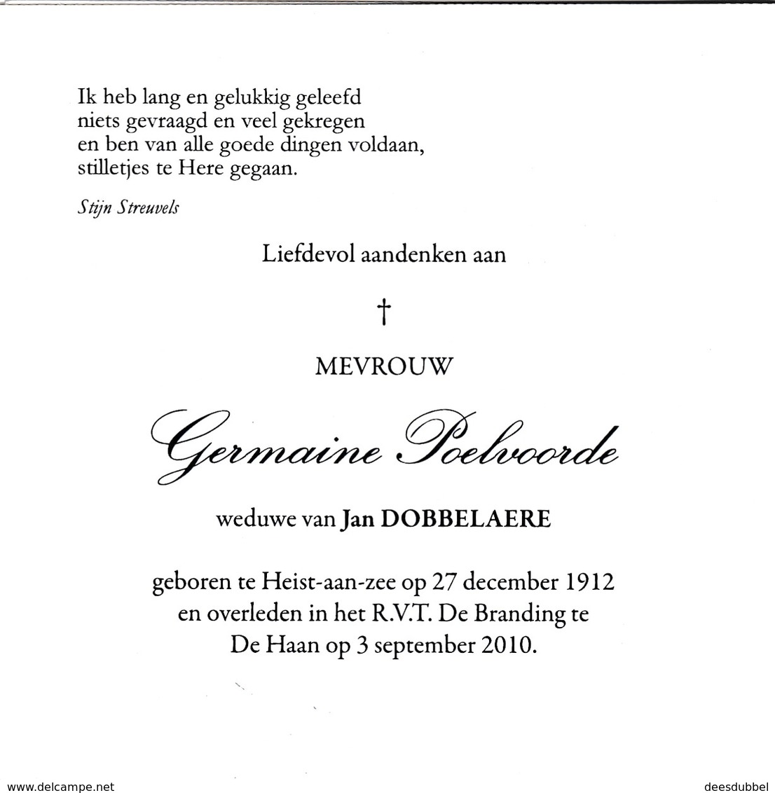 G.POELVOORDE °HEIST Aan ZEE 1912 +DE HAAN  (J.DOBBELAERE) - Religion & Esotericism