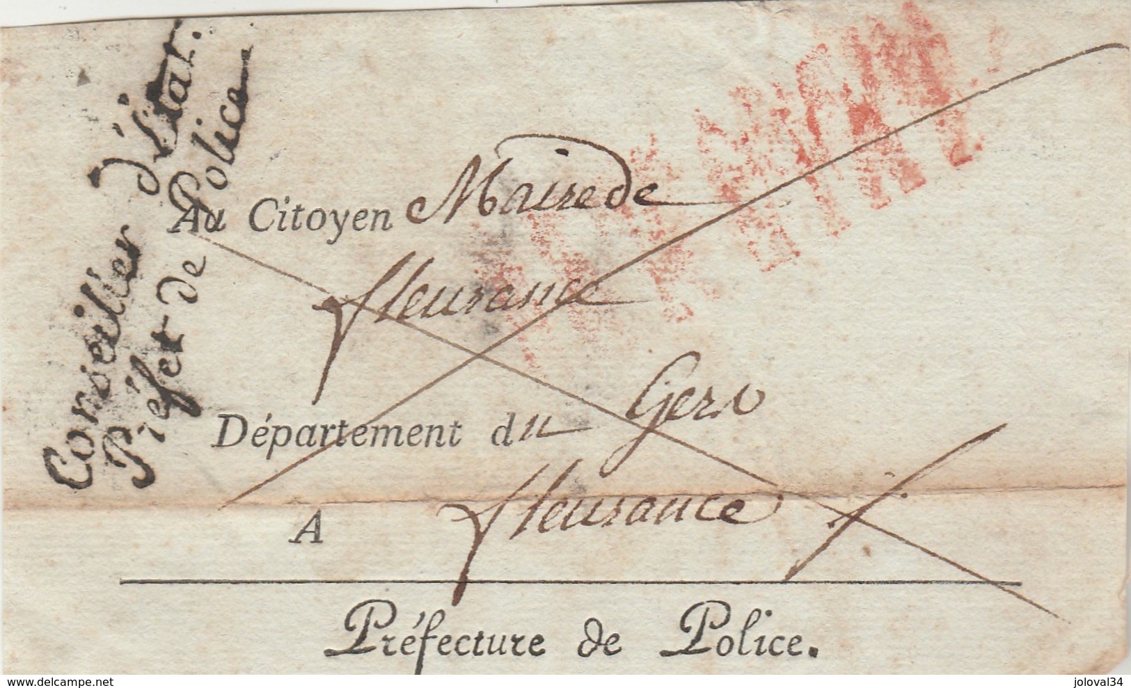 Devant De Lettre Cursive Conseiller Etat Préfet De Police Marque Postale Rouge AFFRANCHI PAR ETAT Maire Fleurance Gers - 1801-1848: Précurseurs XIX