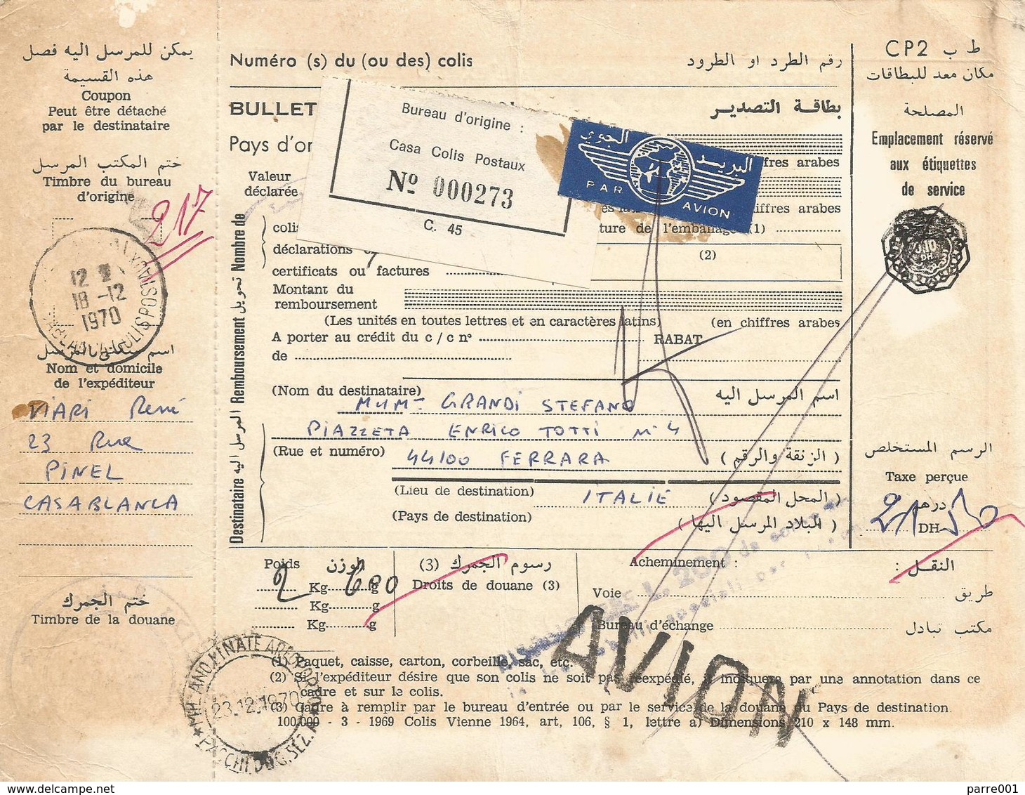 Maroc Morocco 1970 Casablanca Colis Postaux Bulletin D'expedition Fiscal To Italia Ferrara - Marokko (1956-...)