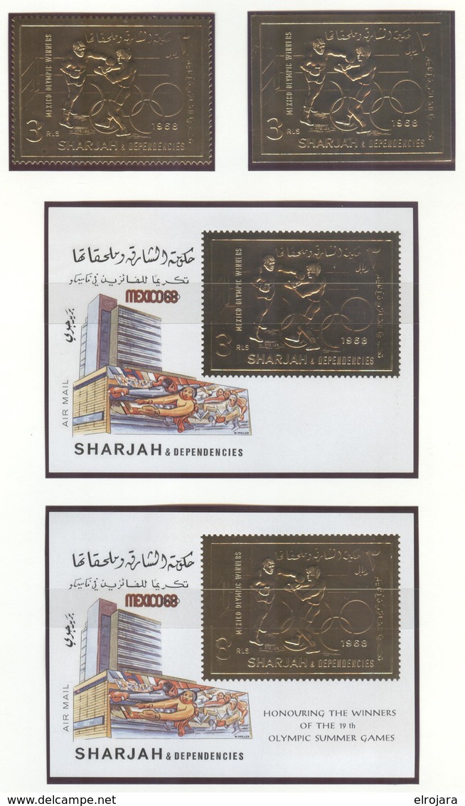 SHARJAH Boxing 3 Rl. Perforated And Imperforated Gold Stamp And Two Blocs Honoring The Winners And Without Print MNH - Summer 1968: Mexico City