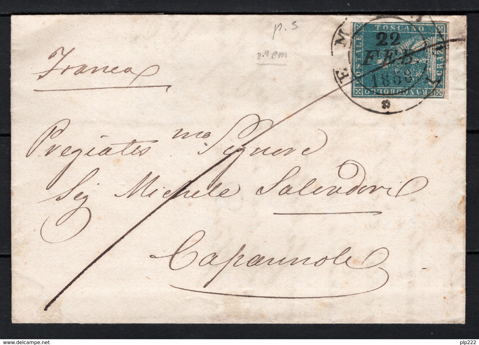 Toscana 1857 2cr. Su Lettera Da Empoli A Capannoli 22/2/58 Sass.13 O/Used VF/F - Toscana