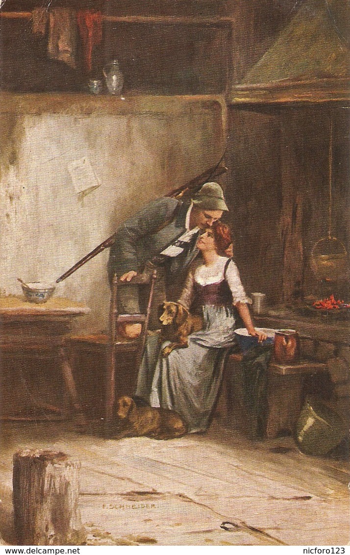 "E.Schneider. Couple. Romance I  The Kitchen."  Fine Painting, Antique  German  Postcard - Parejas