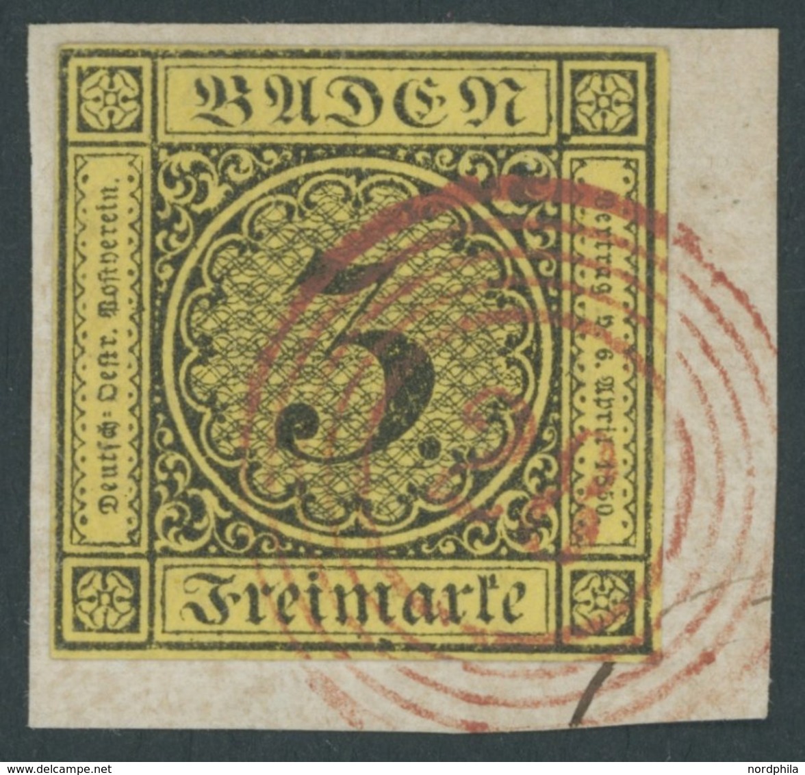 BADEN 2b BrfStk, 1852, 3 Kr. Schwarz Auf Gelb Mit Nummernstempel 28 (DURLACH) In Rot, Kabinettbriefstück, Signiert Krusc - Sonstige & Ohne Zuordnung