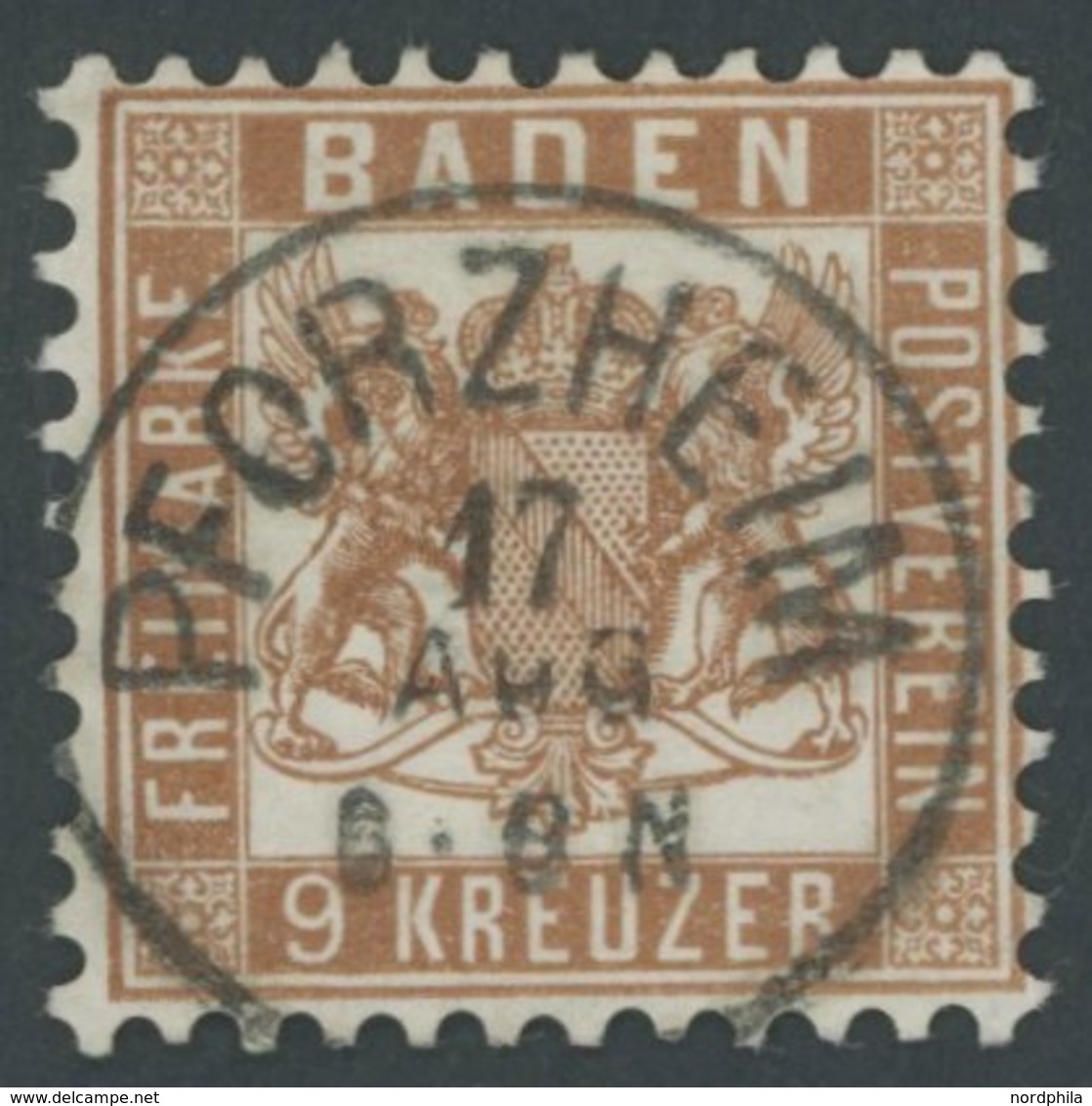 BADEN 20a O, 1866, 9 Kr. Lebhaftrötlichbraun, Zentrischer K1 PFORZHEIM, Kabinett, Gepr. Drahn - Andere & Zonder Classificatie