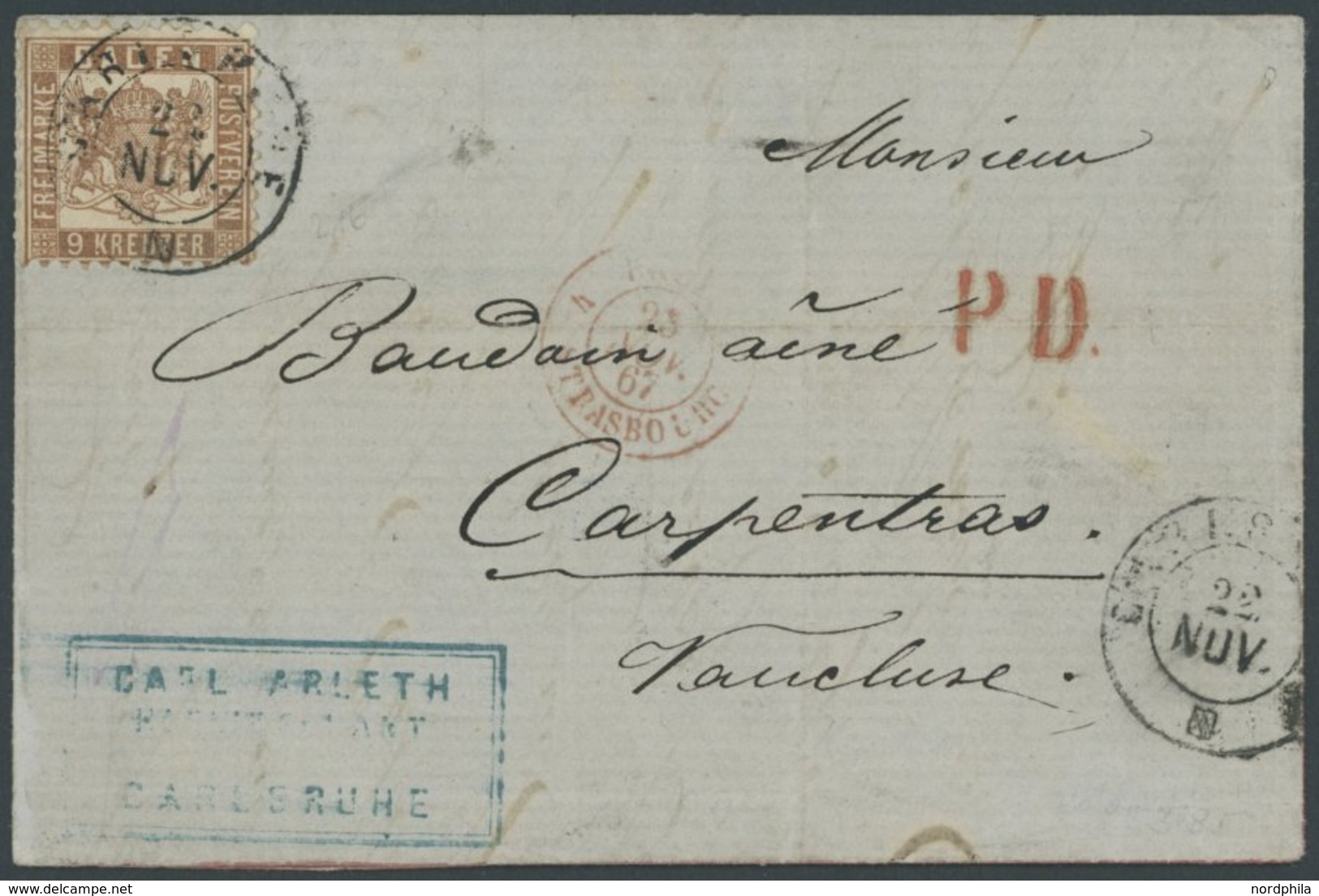 BADEN 20a BRIEF, 1867, 9 Kr. Rötlichbraun Auf Brief Von CARLSRUHE Nach Frankreich, Pracht, Gepr. Brettl - Autres & Non Classés