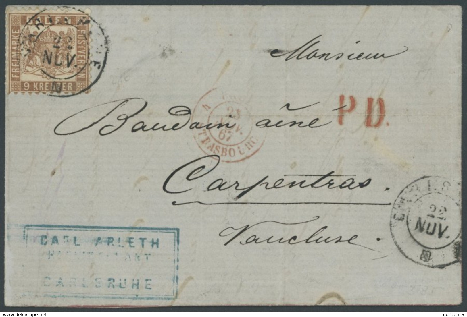 BADEN 20a BRIEF, 1867, 9 Kr. Rötlichbraun Auf Brief Von CARLSRUHE Nach Frankreich, Pracht, Gepr. Brettl - Altri & Non Classificati