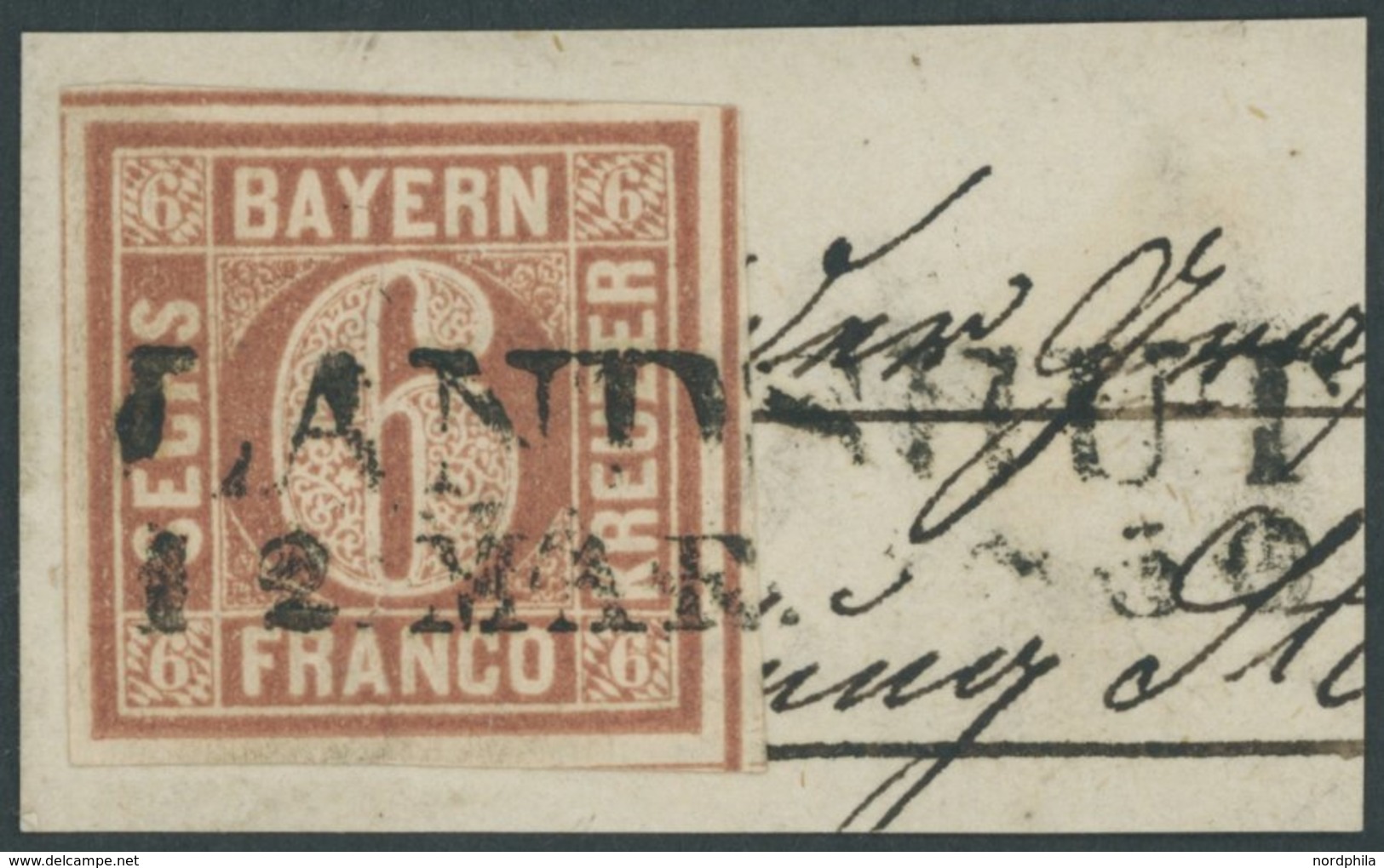 BAYERN 4I BrfStk, 1849, 6 Kr. Braun, Type I, Allseits Breitrandig Mit Schnittlinien An Allen Vier Seiten, Auf Briefstück - Sonstige & Ohne Zuordnung