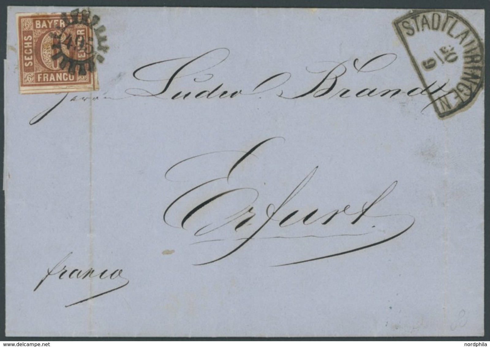 BAYERN 4II BRIEF, 1860, 6 Kr. Dunkelbraunorange Mit MR-Stempel 495 (STADTLAURINGEN) Auf Brief Nach Erfurt, Feinst - Andere & Zonder Classificatie