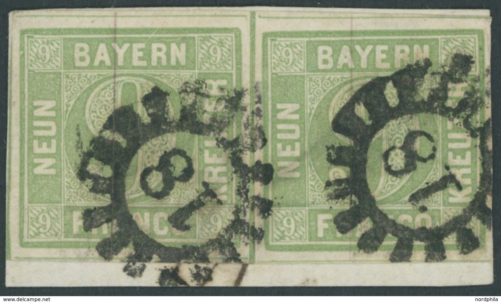 BAYERN 5a Paar BrfStk, 1853, 9 Kr. Blaugrün Im Waagerechten Paar (Vortrennschnitt Im Zwischenraum), Linke Marke Mit Plat - Autres & Non Classés