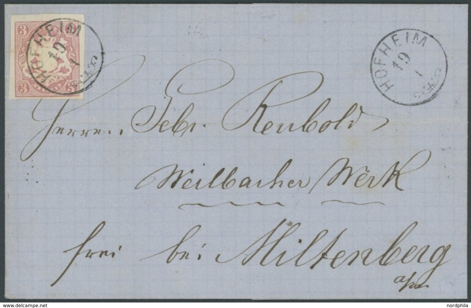 BAYERN 15 BRIEF, 1870, 3 Kr. Hellrötlichkarmin Mit Zierstempel HOFHEIM, Rückseitiger Ankunftsstempel MILTENBERG, Kabinet - Altri & Non Classificati