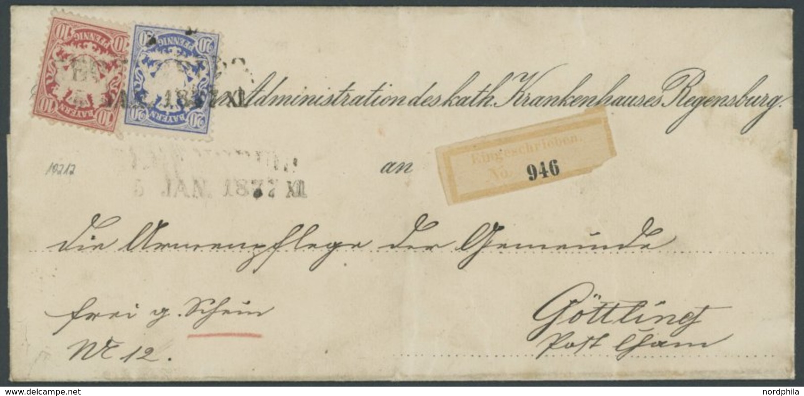 BAYERN 39b,40c BRIEF, 1877, 10 Pf. Rosa Und 20 Pf. Ultramarin Auf Einschreibbrief Aus REGENSBURG Mit R-Zettel, Pracht - Other & Unclassified