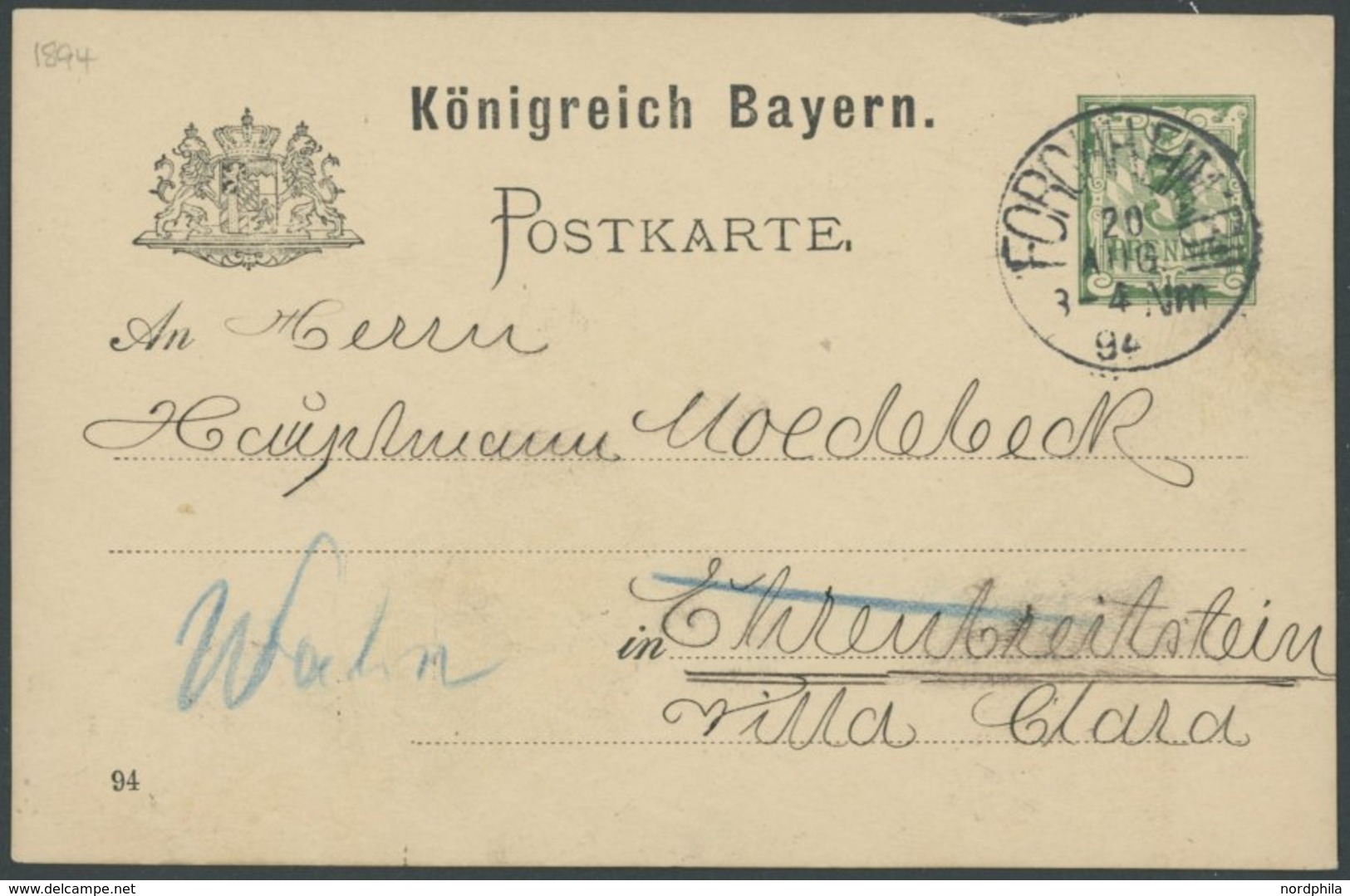 BAYERN P 38 BRIEF, 1894, 5 Pf. Ganzsachenkarte Mit K1 FORCHHEIM An Den Luftfahrtpionier Hauptmann, Pracht - Other & Unclassified