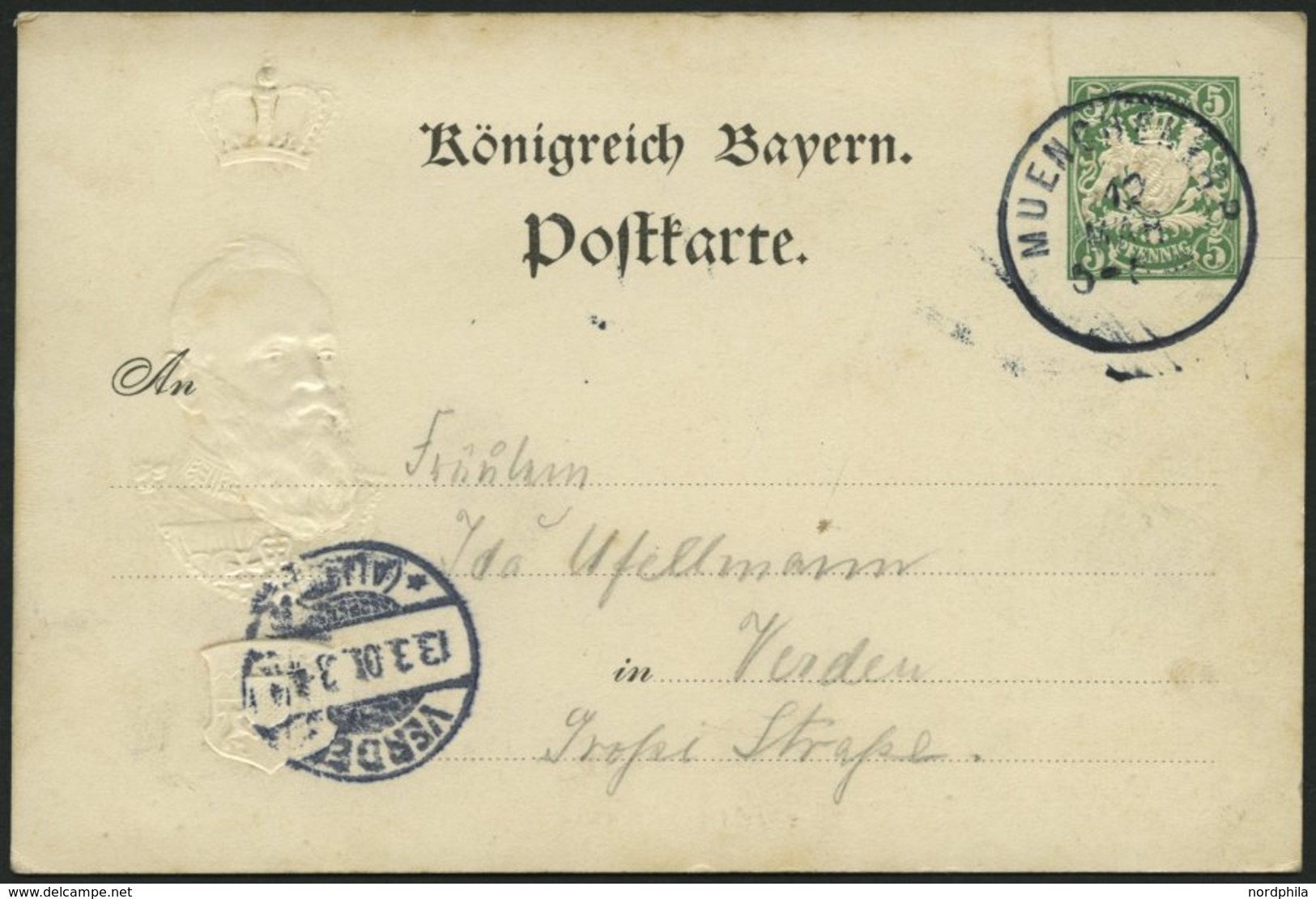 BAYERN PP D1/05 BRIEF, Privatpost: 1901, 80. Geburtstag, Prägekarte Königsbau München, Ohne Ortsangabe, Stempel MÜNCHEN  - Other & Unclassified