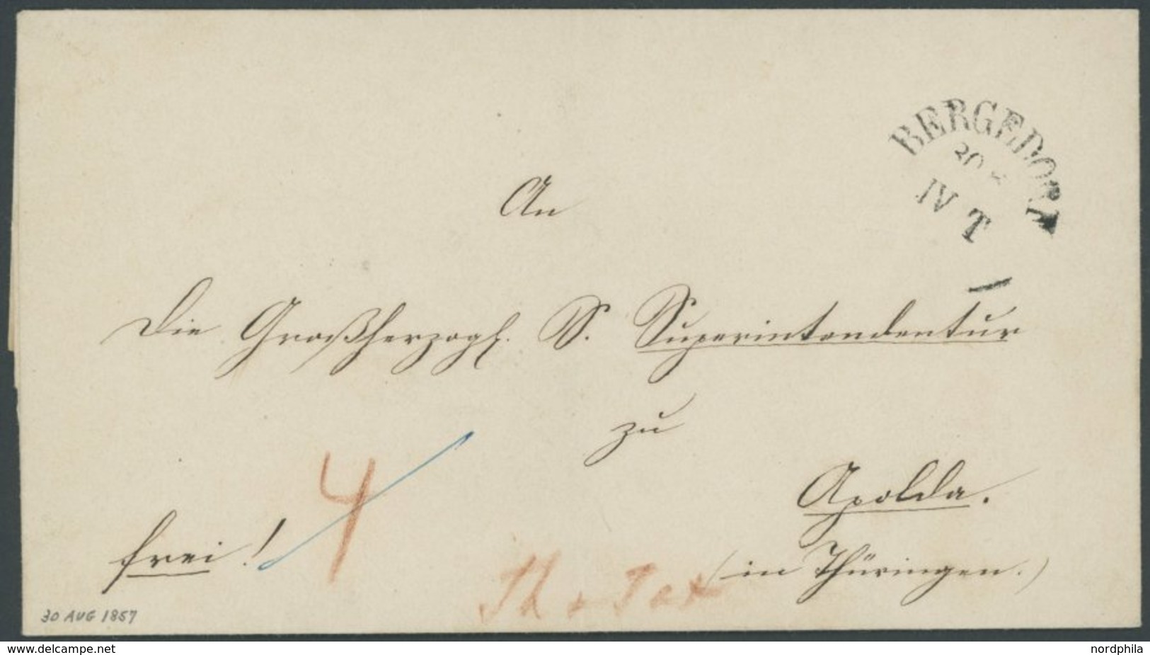 BERGEDORF 1857, Halbkreisstempel BERGEDORF Auf Dienstbrief Nach Apolda, U.a. Der Hamburger K1 Des TuT-Postamtes Als Durc - Bergedorf