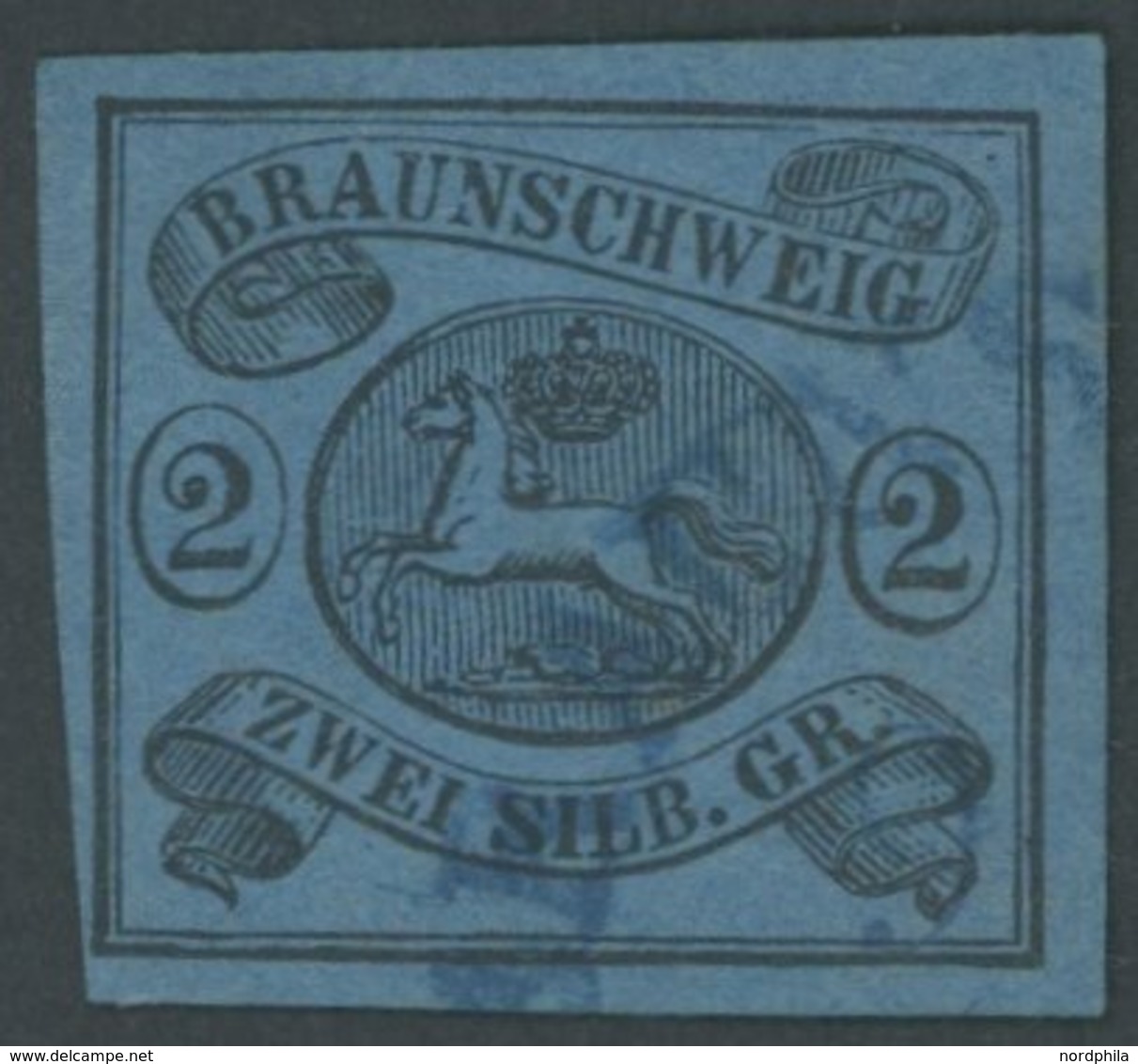 BRAUNSCHWEIG 7b O, 1853, 2 Sgr. Schwarz Auf Hellblau Mit Blauem Halbkreisstempel, Pracht - Braunschweig