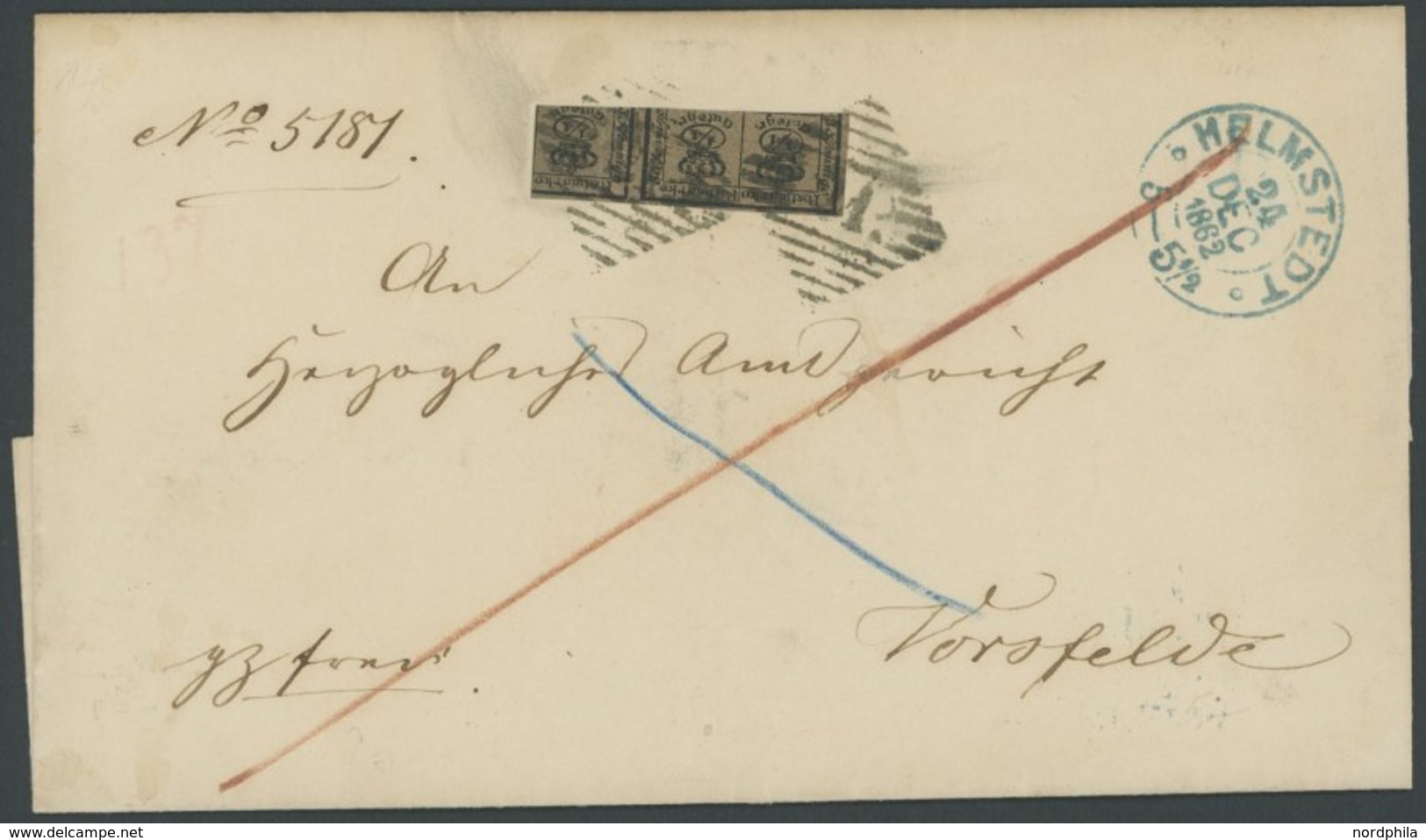 BRAUNSCHWEIG 9a BRIEF, 1861, 3/4 Gr. Schwarz Auf Graubraun Mit Nummernstempel 21 In Schwarz Und Blauem K2 HELMSTEDT Auf  - Braunschweig