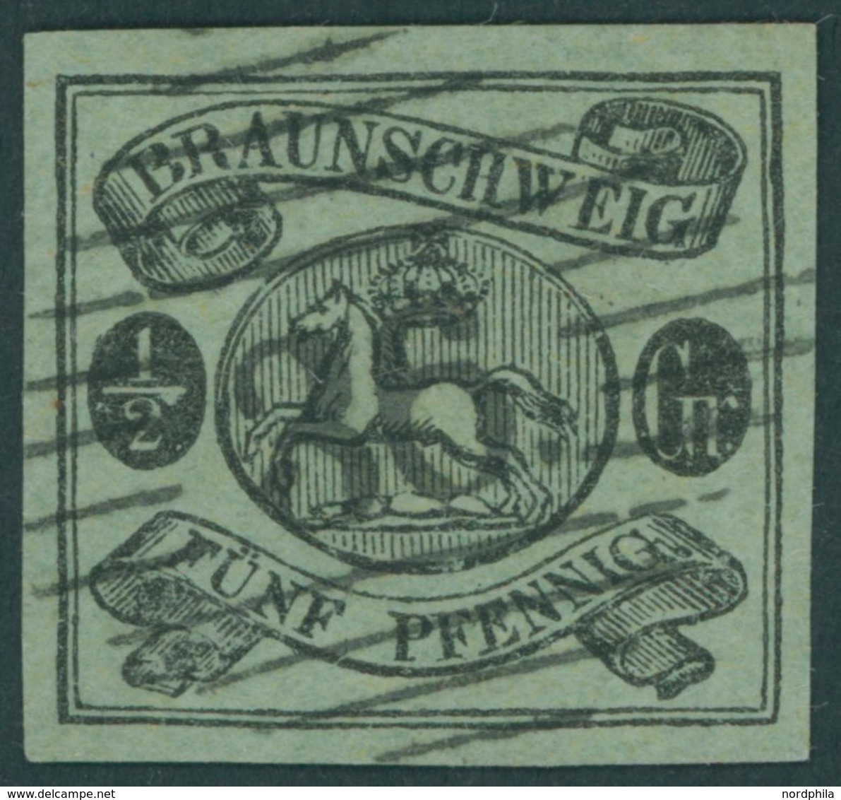 BRAUNSCHWEIG 10Ax O, 1863, 11/2 Gr. Schwarz Auf Lebhaftgraugrün, Nummernstempel 36 (SALDERN), Kabinett, Mi. 300.- - Brunswick