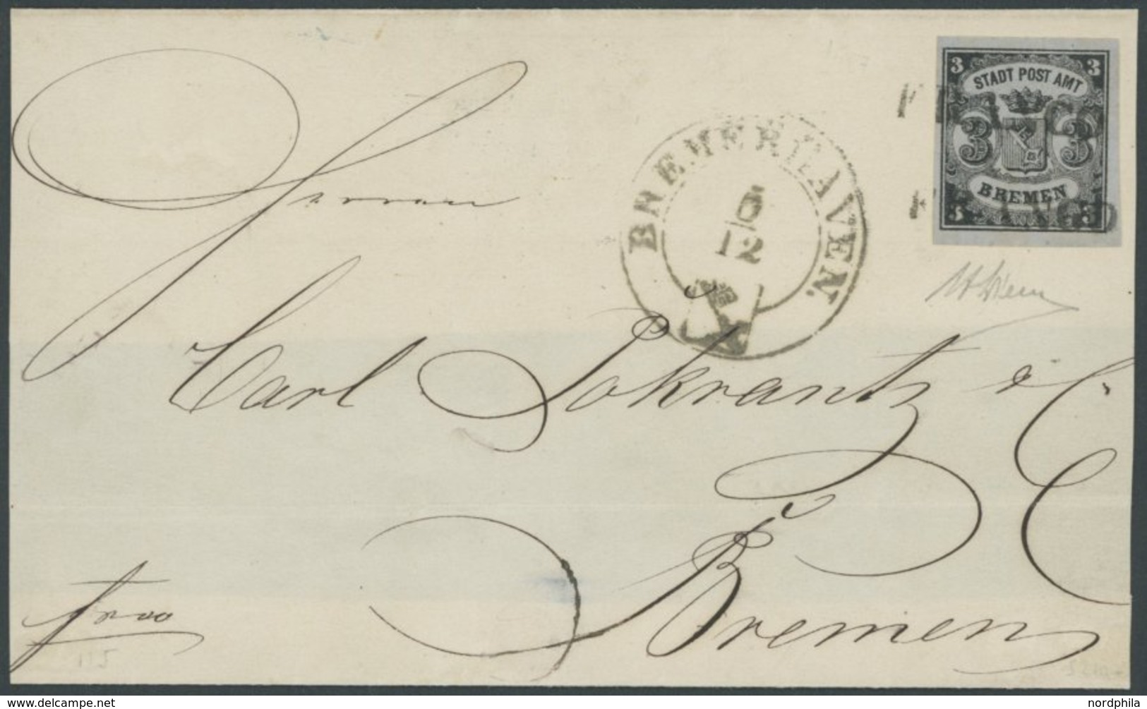 BREMEN 1x BRIEF, 1855, 3 Gr. Schwarz Auf Graublau, Senkrecht Gestreiftes Papier, Type I, Allseits Breitrandig, Kabinetts - Bremen
