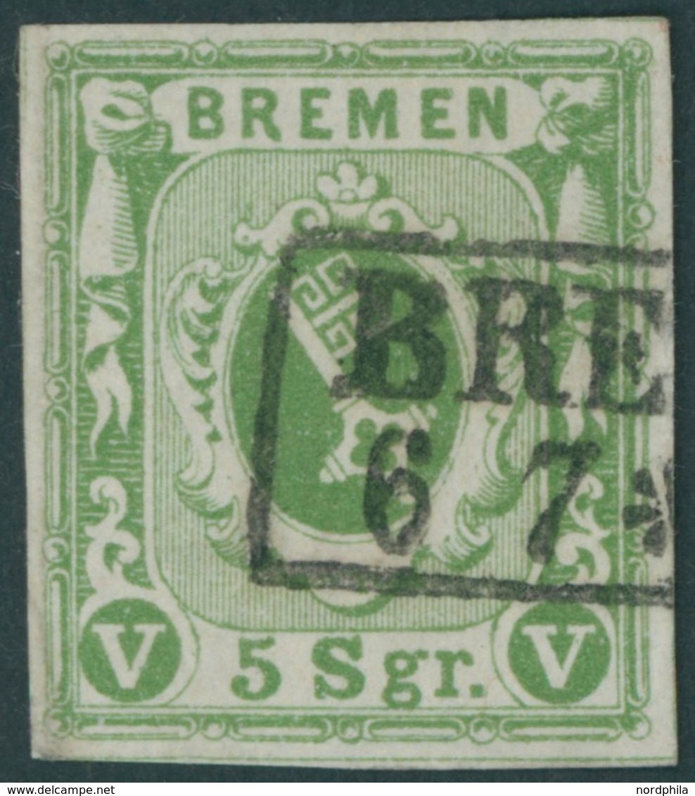 BREMEN 4a O, 1859, 5 Sgr. Gelbgrün, Kabinett, Gepr. Pfenninger, Mi. (380.-) - Brême