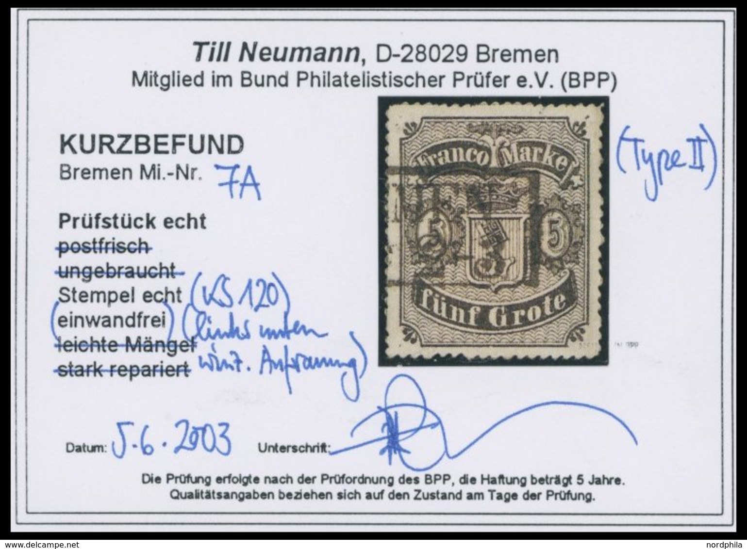 BREMEN 7A O, 1862, 5 Gr. Schwarz Auf Mattgraubraun, Type II, Feinst, Kurzbefund Neumann, Mi. 300.- - Brême