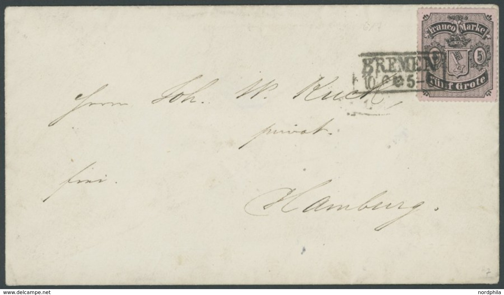 BREMEN 7B BRIEF, 1862, 5 Gr. Schwarz Auf Hellkarmingrau, Type I, Sehr Farbfrisch Auf Brief Nach Hamburg, üblicher Durchs - Bremen