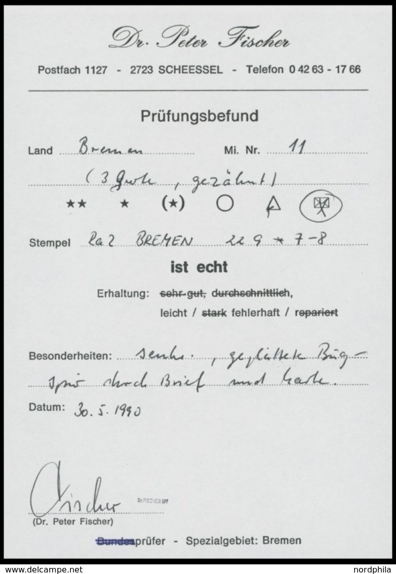 BREMEN 11 BRIEF, 1867, 3 Gr. Schwarz Auf Graublau Auf Brief Nach Bremerhaven, Senkrechte Geglättete Bugspur Durch Brief  - Brême