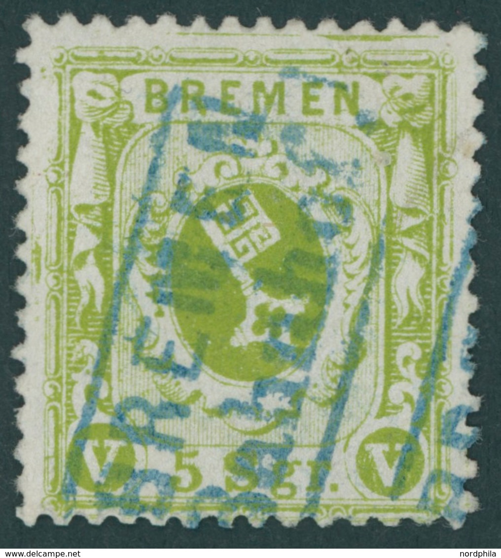 BREMEN 15c O, 1866, 5 Sgr. Dunkelgrünlicholiv, Blauer R2 BREMEN BAHNHOF, Feinst, Gepr. U.a. W. Engel, Mi. 500.- - Brême