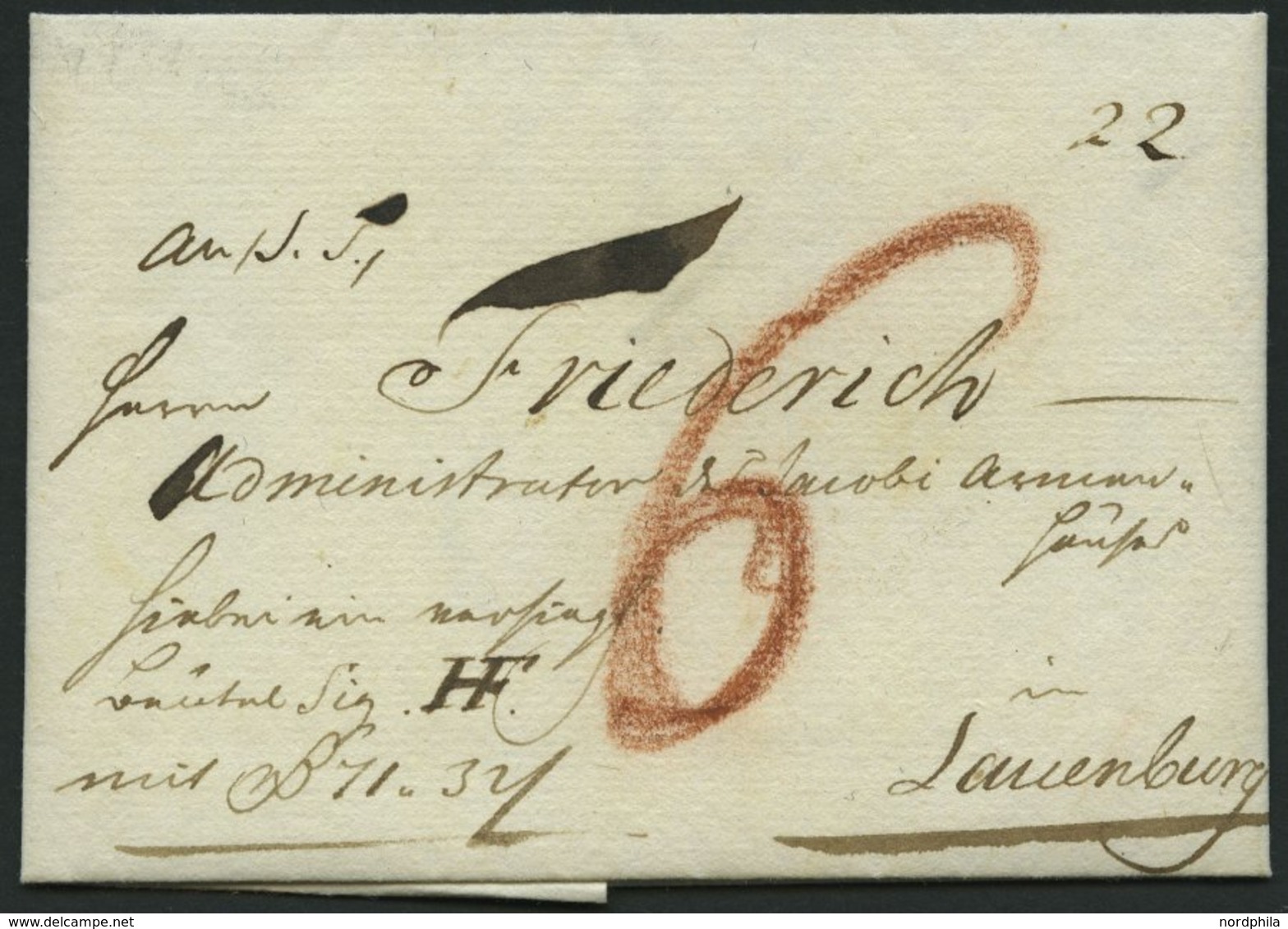 HAMBURG VORPHILA 1781, Begleitbrief Von Hamburg Nach Lauenburg, Mit Großer 6, Pracht - Altri & Non Classificati