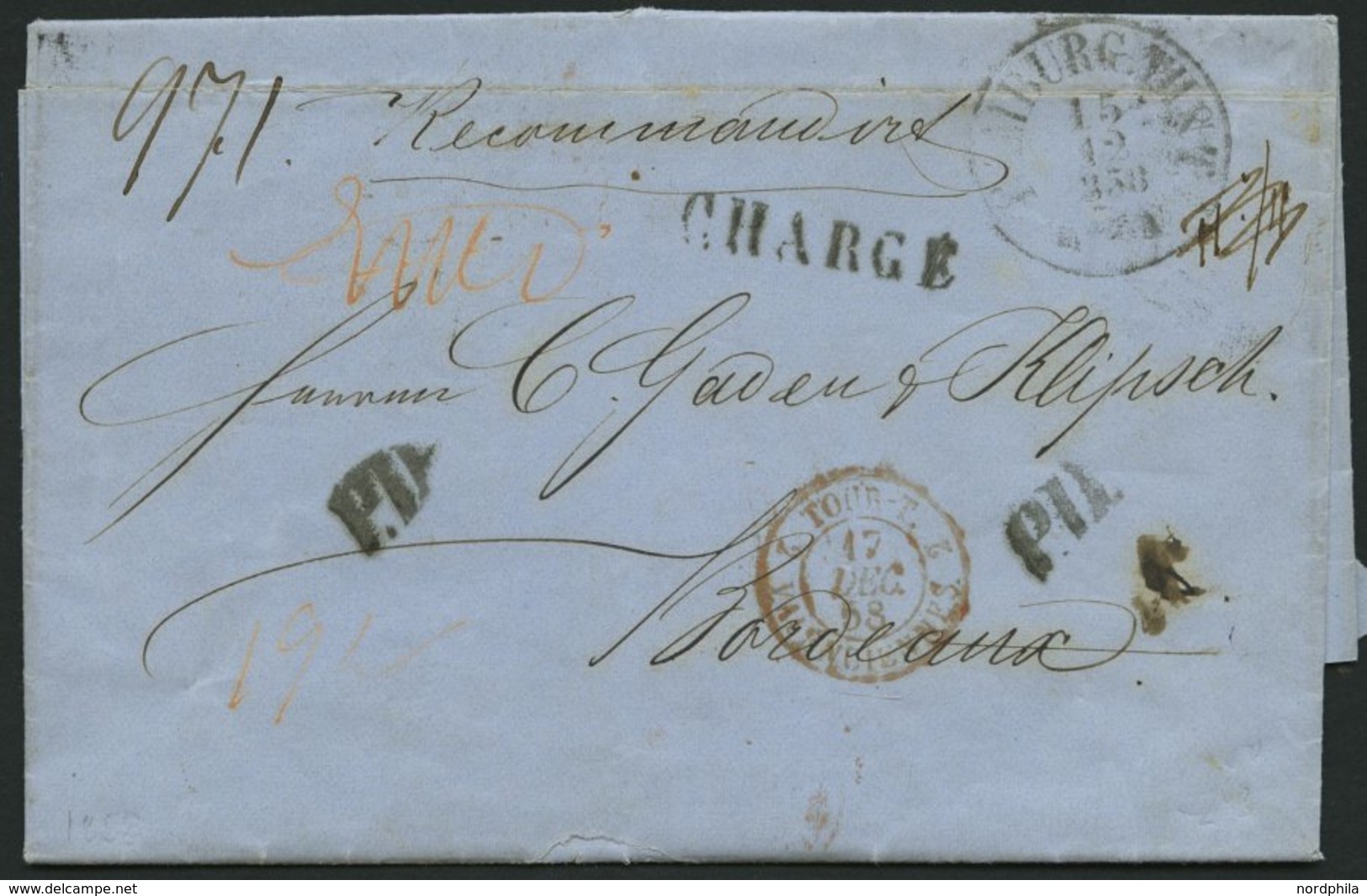 HAMBURG - THURN UND TAXISCHES O.P.A. 1858, HAMBURG TH & T, K1 Auf Reco-Brief Nach Bordeaux, Diverse Nebenstpl., Mit CHAR - Other & Unclassified