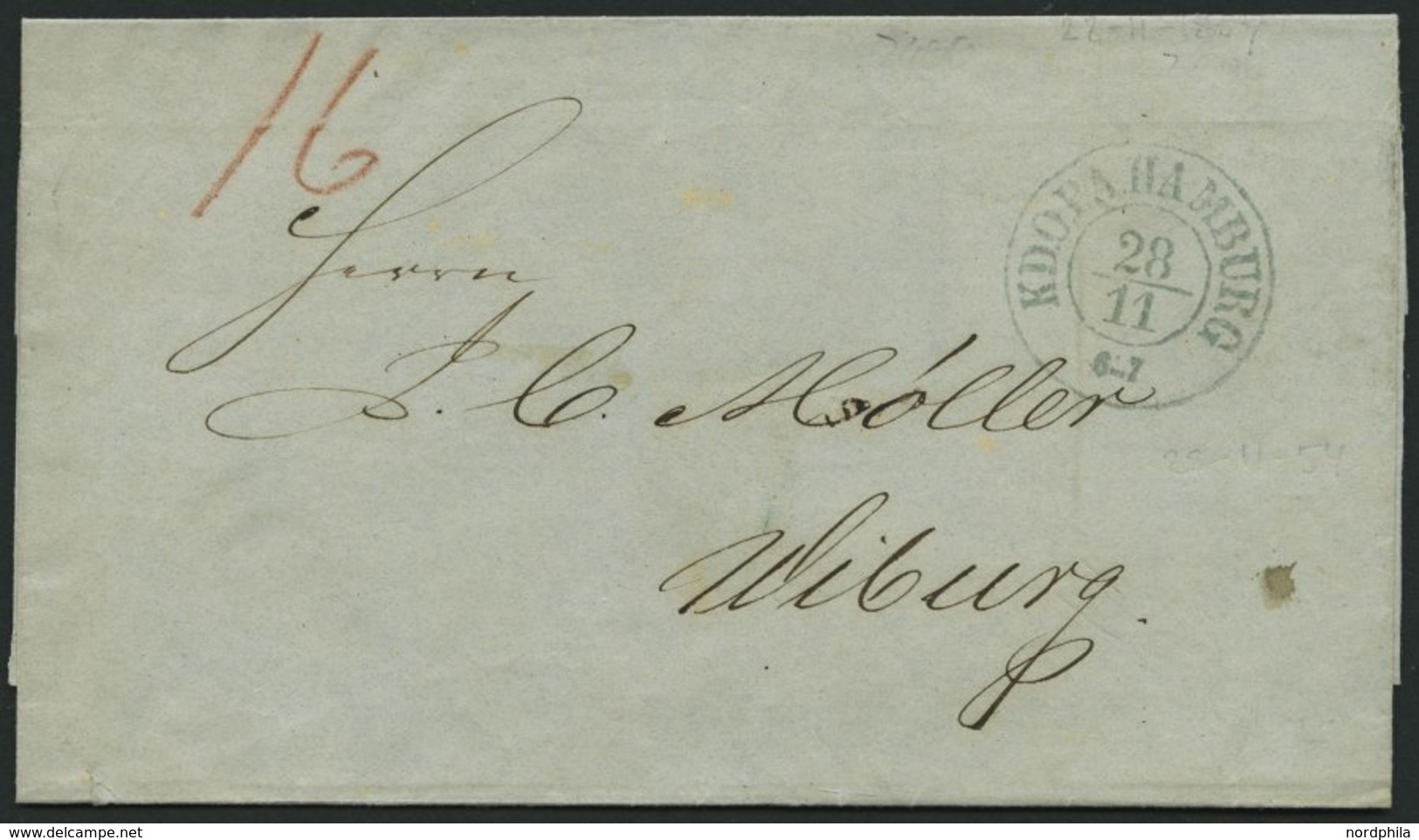 HAMBURG 1851, K.D.O.P.A. HAMBURG, K2 In Blau Auf Brief Nach Wiburg, Feinst - Prephilately