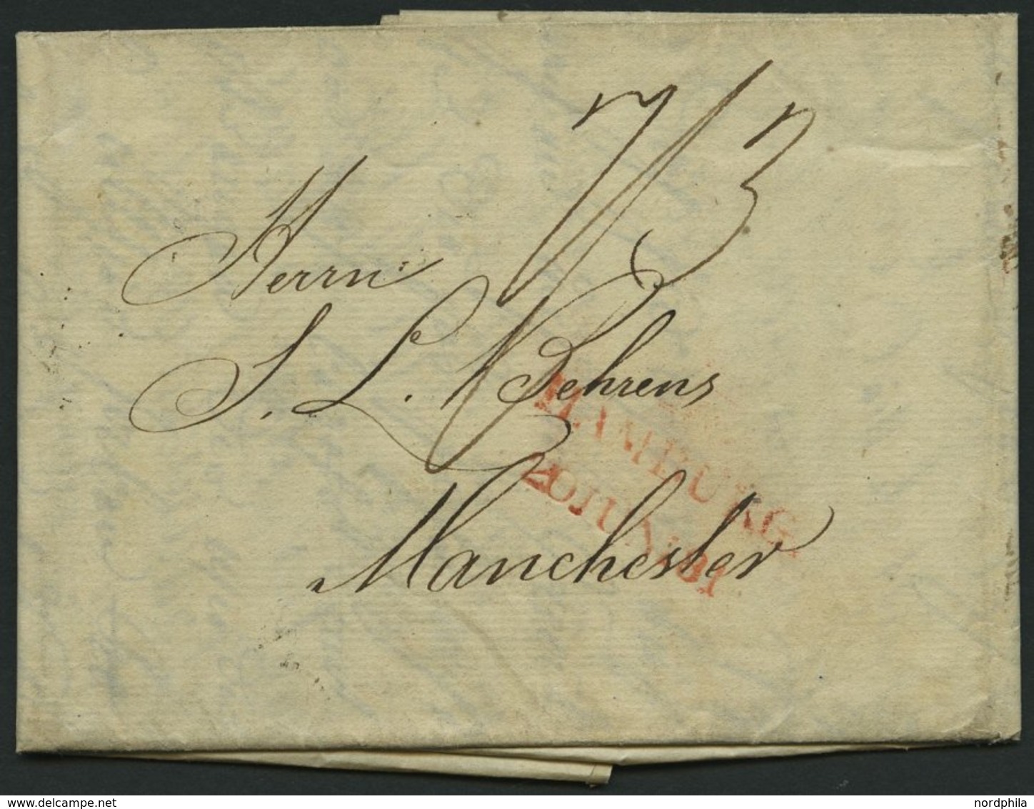 HAMBURG VORPHILA 1817, HAMBURG., Roter L2 Mit Turm Auf Brief Nach Manchester, Feinst - Other & Unclassified