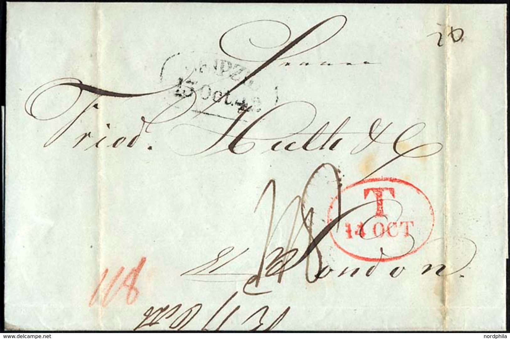 HAMBURG 1842, T 14 OCT, Rote Sonderform Auf Brief Von LEIPZIG (Nierenstempel) Nach London, Rückseitiger Kleiner K1 HAMBU - Prefilatelia