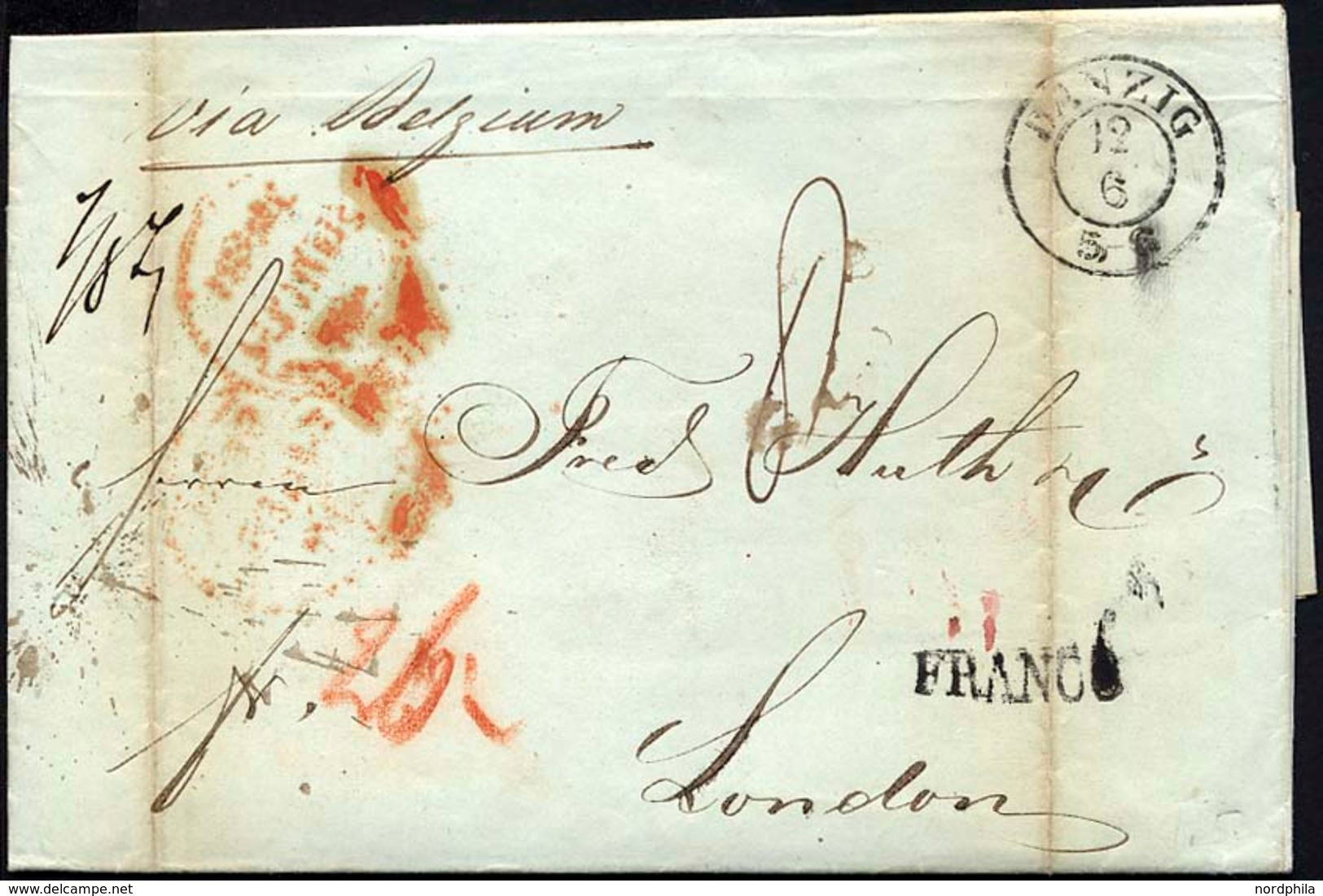 HAMBURG - GRENZÜBERGANGSSTEMPEL 1843, FRANCO, Schwarzer L1 Auf Brief Von DANZIG (K2) Via Belgium Nach London, L1 FRANCO, - Prephilately