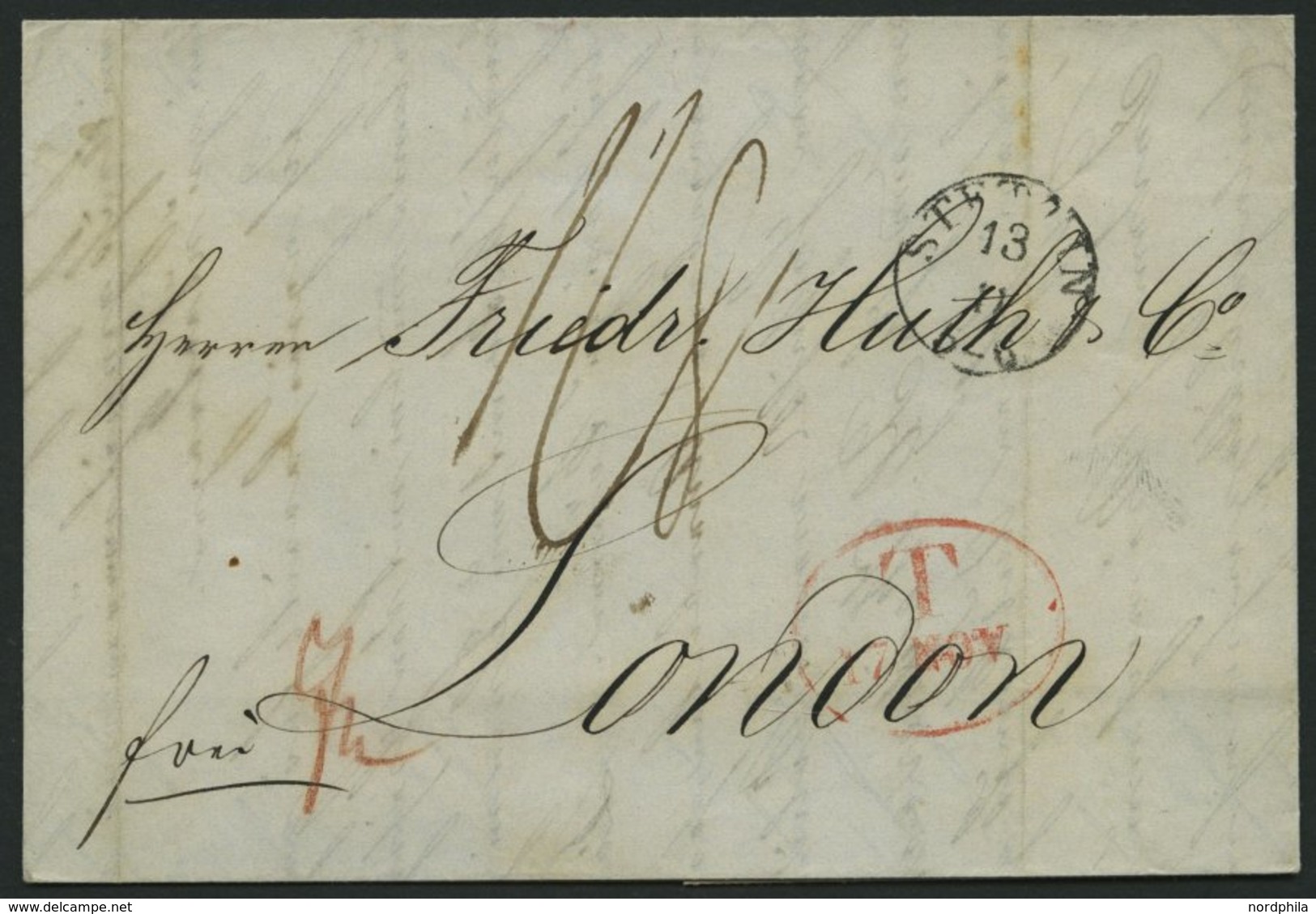 HAMBURG - GRENZÜBERGANGSSTEMPEL 1846, T 17 NOV, In Rot Auf Brief Von Stettin (K1) über Hamburg (rückseitiger K1) Nach Lo - Préphilatélie