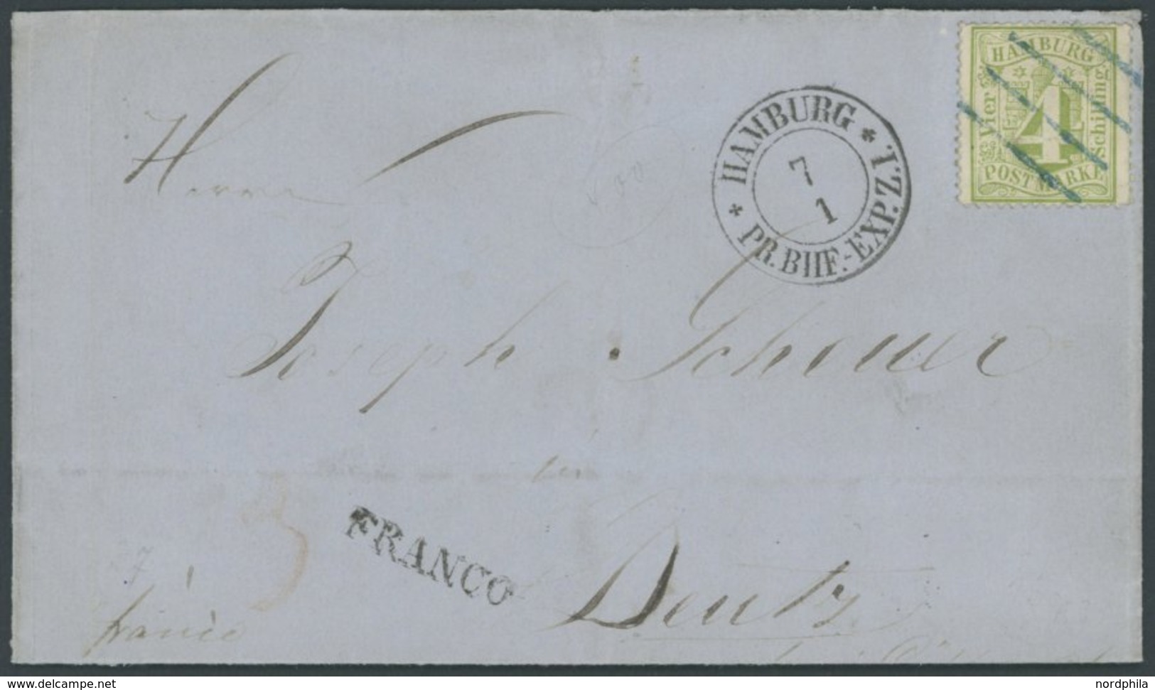 HAMBURG 16 BRIEF, 1864, 4 S. Gelblichgrün Auf Brief Mit Blauem Strichstempel Sowie K2 HAMBURG PR. BHF-EXP. Z I, L1 FRANC - Hambourg