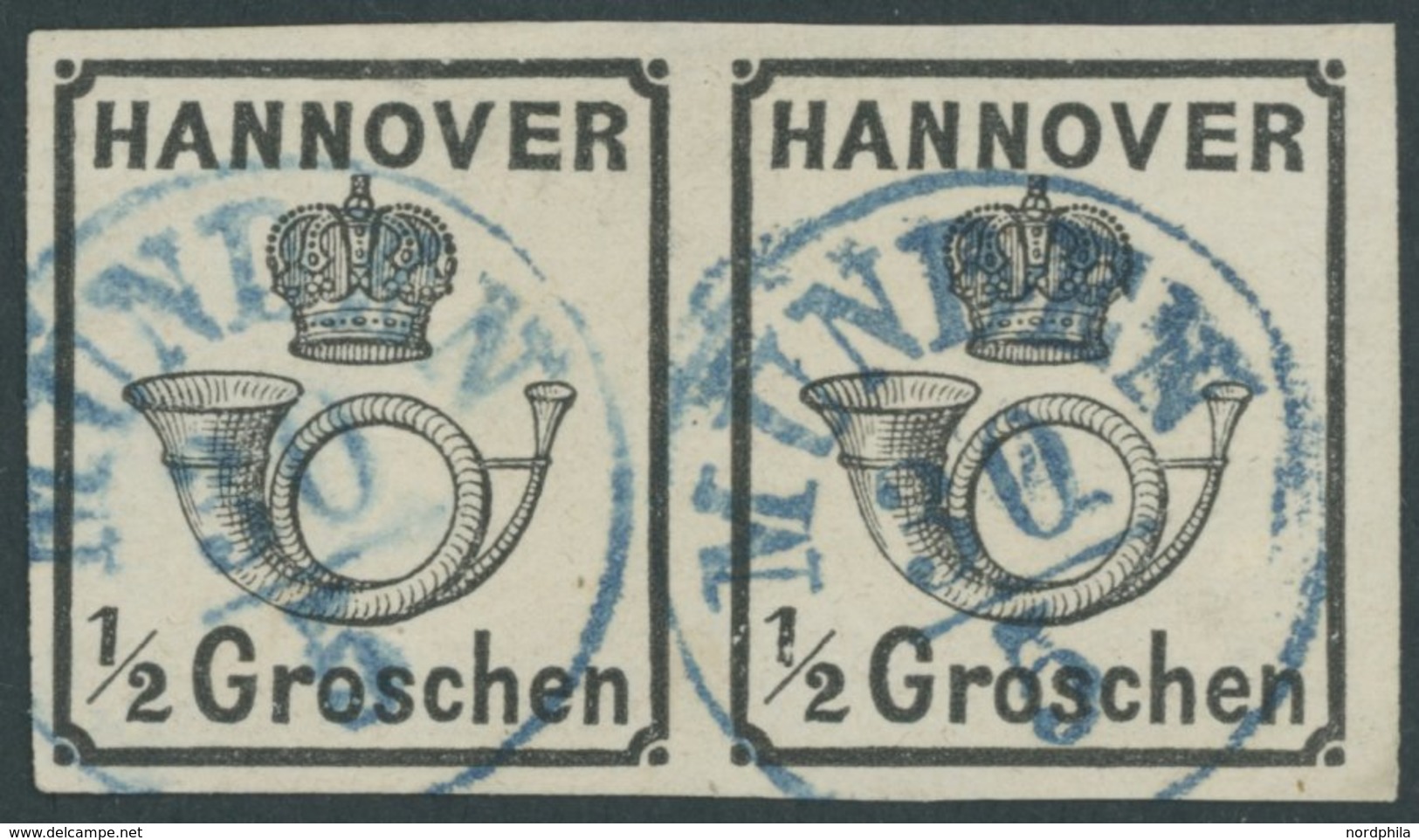 HANNOVER 17y Paar O, 1860, 1/2 Gr. Schwarz Im Waagerechten Paar, Blauer K1 MÜNDEN, Kabinett, Mi. (600.-) - Hanovre