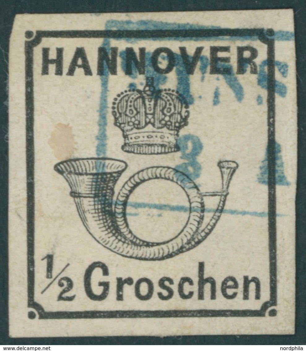 HANNOVER 17y O, 1860, 1/2 Gr. Schwarz, Blauer R2 WUNSTORF, Pracht, Fotobefund Berger, Mi. 250.- - Hanover